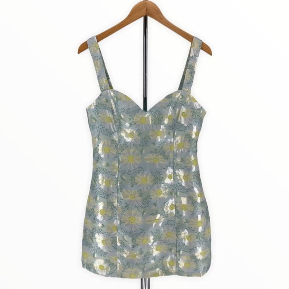 Lulu’s Blooming Love Light Blue Yellow Floral Jacquard Mini Dress size Medium - Picture 4 of 14